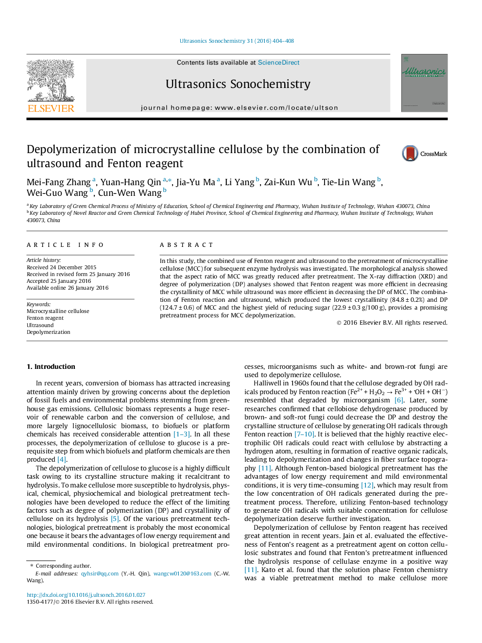 Depolymerization of microcrystalline cellulose by the combination of ultrasound and Fenton reagent