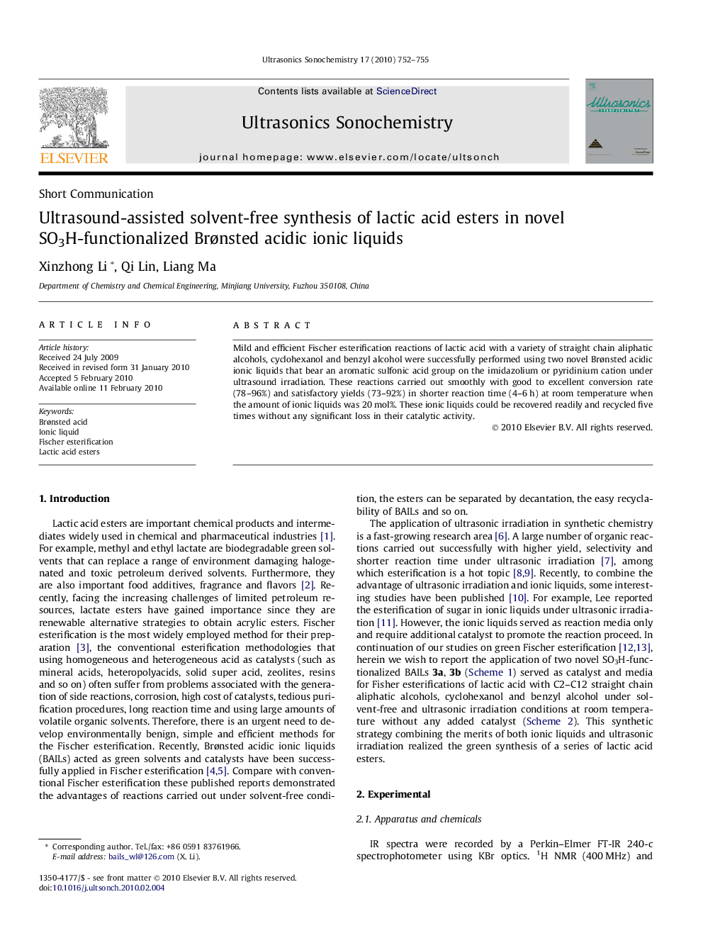 Ultrasound-assisted solvent-free synthesis of lactic acid esters in novel SO3H-functionalized Brønsted acidic ionic liquids