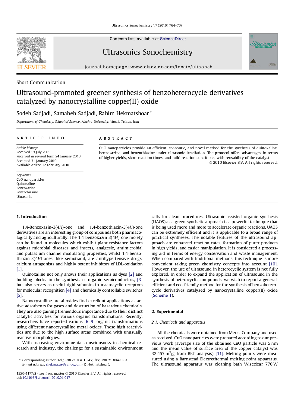 Ultrasound-promoted greener synthesis of benzoheterocycle derivatives catalyzed by nanocrystalline copper(II) oxide