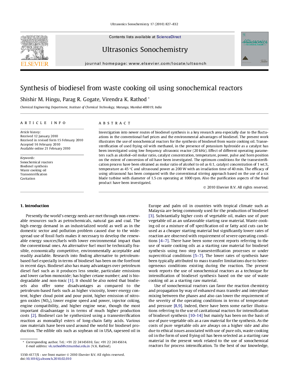 Synthesis of biodiesel from waste cooking oil using sonochemical reactors