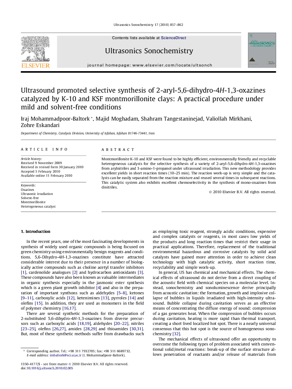 Ultrasound promoted selective synthesis of 2-aryl-5,6-dihydro-4H-1,3-oxazines catalyzed by K-10 and KSF montmorillonite clays: A practical procedure under mild and solvent-free conditions