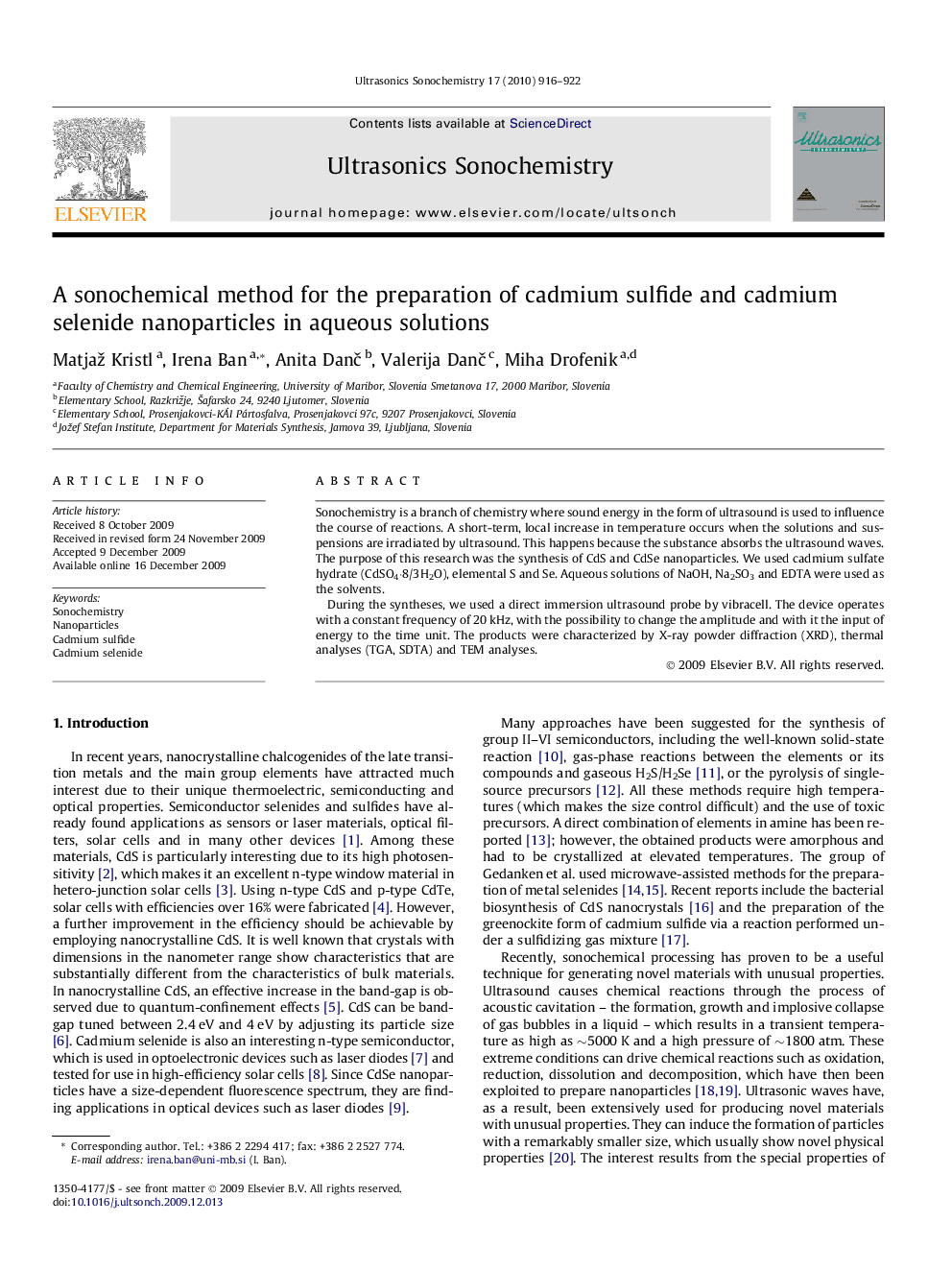 A sonochemical method for the preparation of cadmium sulfide and cadmium selenide nanoparticles in aqueous solutions