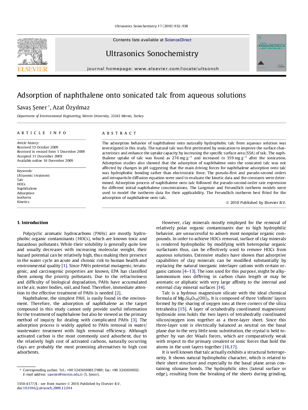 Adsorption of naphthalene onto sonicated talc from aqueous solutions