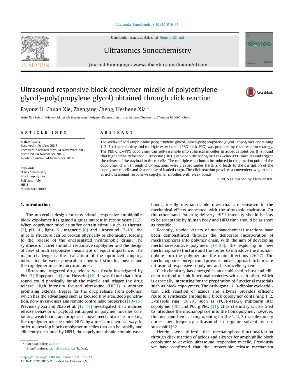 Ultrasound responsive block copolymer micelle of poly(ethylene glycol)–poly(propylene glycol) obtained through click reaction