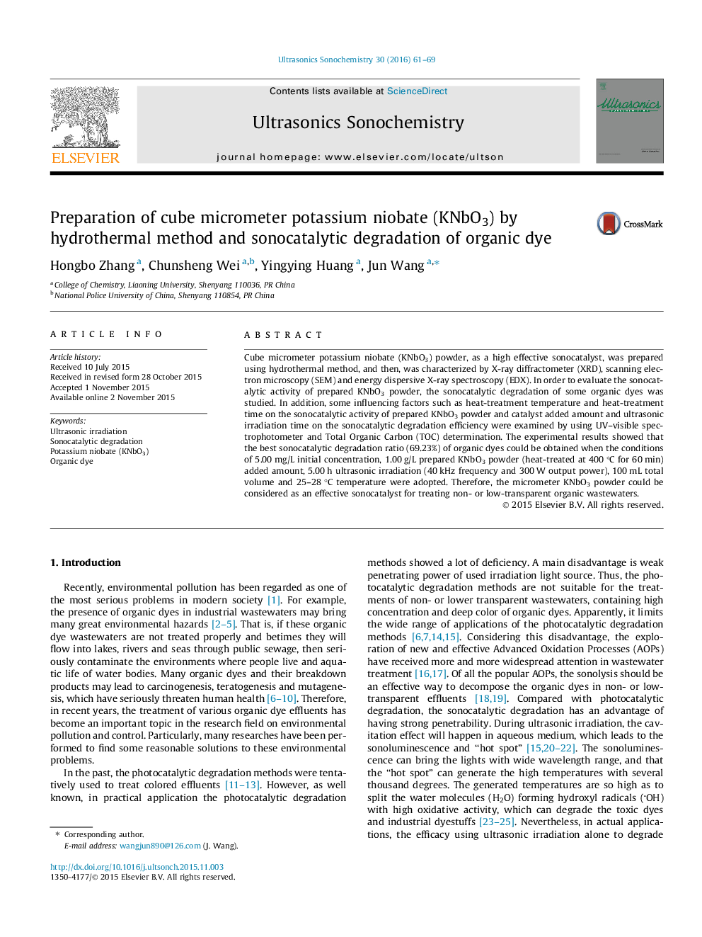 Preparation of cube micrometer potassium niobate (KNbO3) by hydrothermal method and sonocatalytic degradation of organic dye