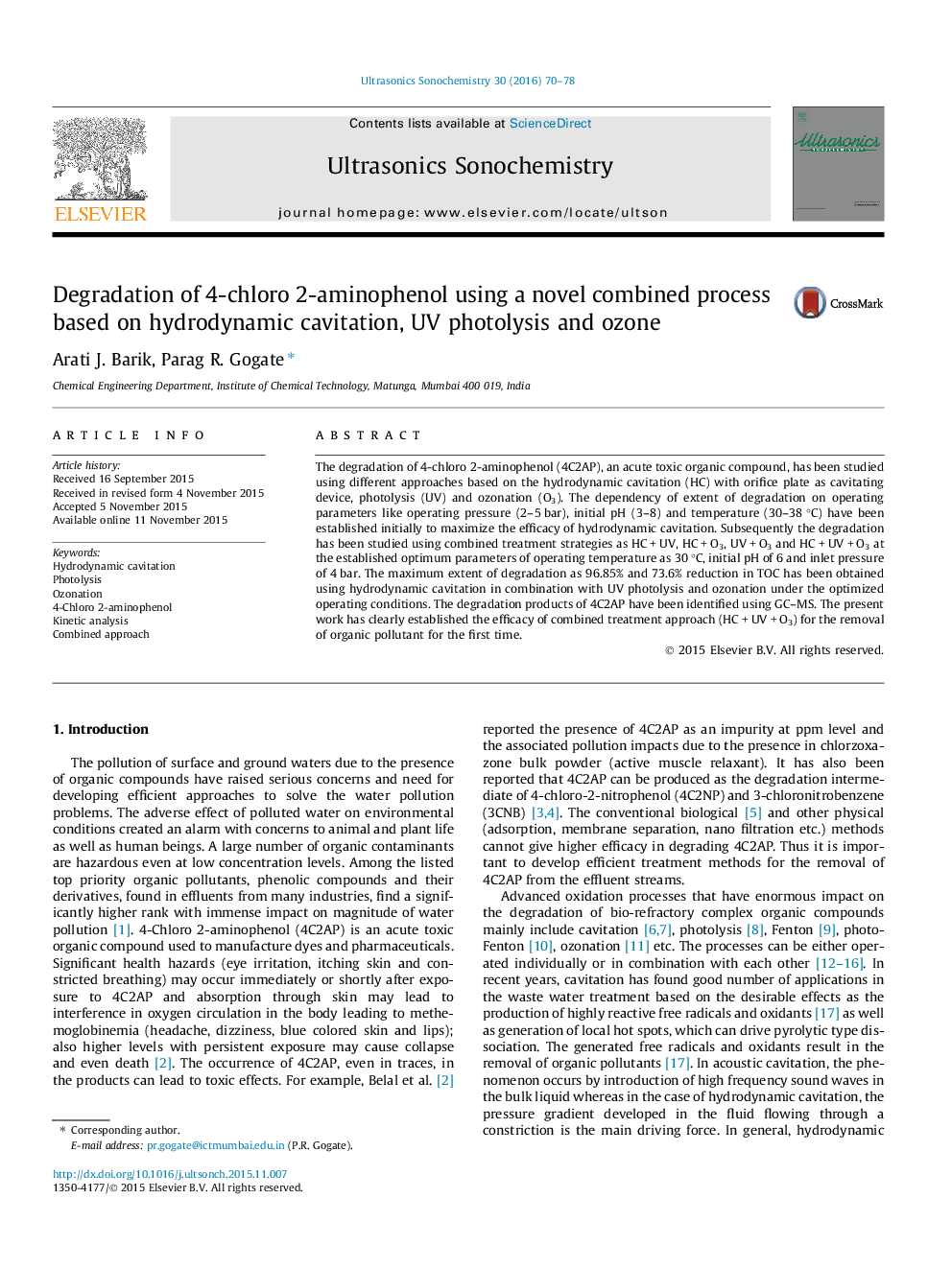 Degradation of 4-chloro 2-aminophenol using a novel combined process based on hydrodynamic cavitation, UV photolysis and ozone