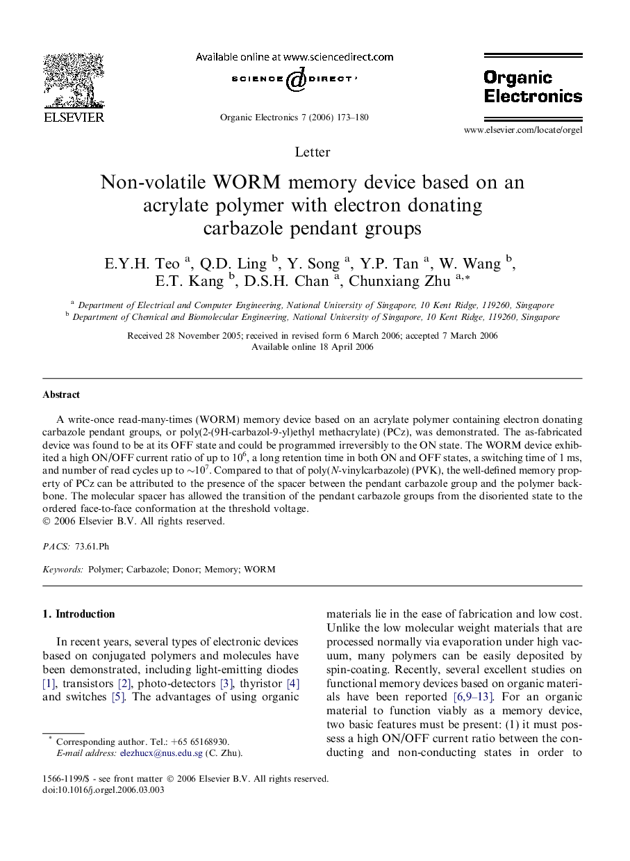 Non-volatile WORM memory device based on an acrylate polymer with electron donating carbazole pendant groups