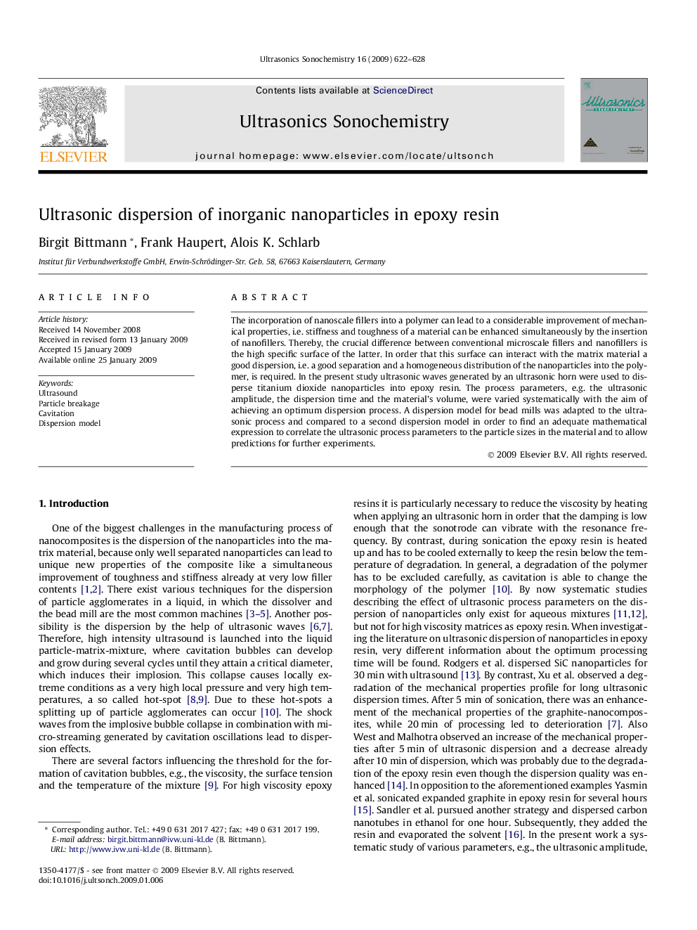 Ultrasonic dispersion of inorganic nanoparticles in epoxy resin