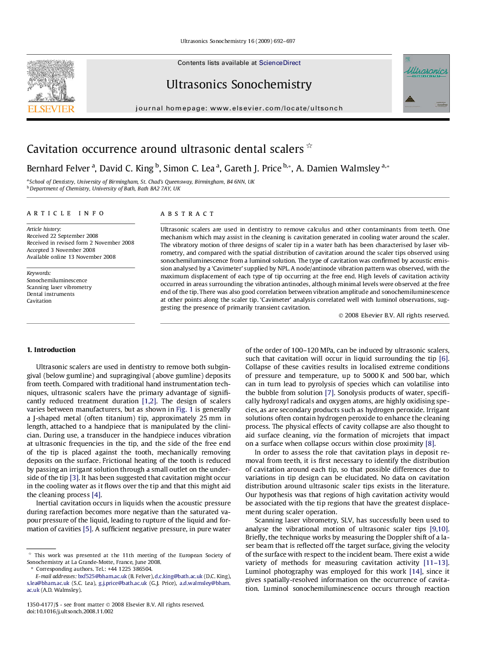 Cavitation occurrence around ultrasonic dental scalers