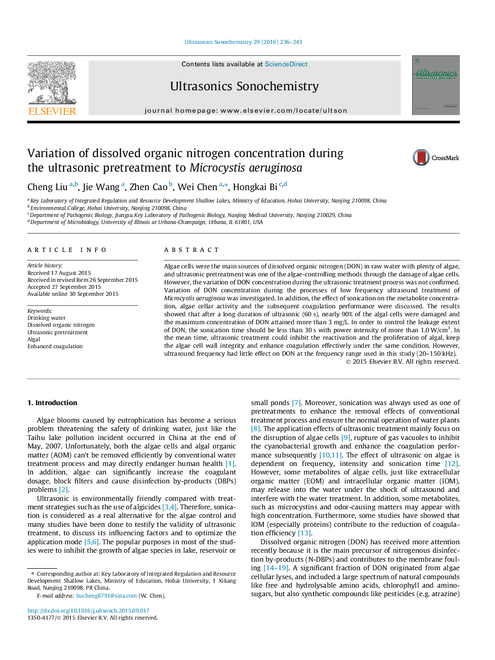 Variation of dissolved organic nitrogen concentration during the ultrasonic pretreatment to Microcystis aeruginosa