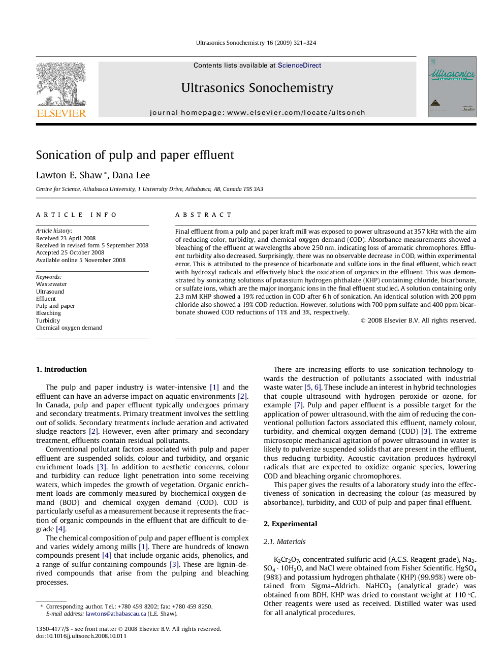 Sonication of pulp and paper effluent