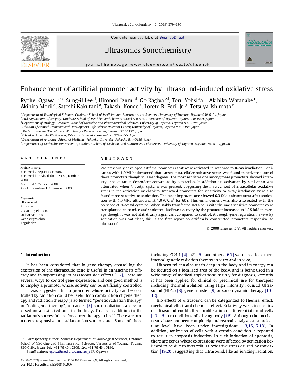 Enhancement of artificial promoter activity by ultrasound-induced oxidative stress