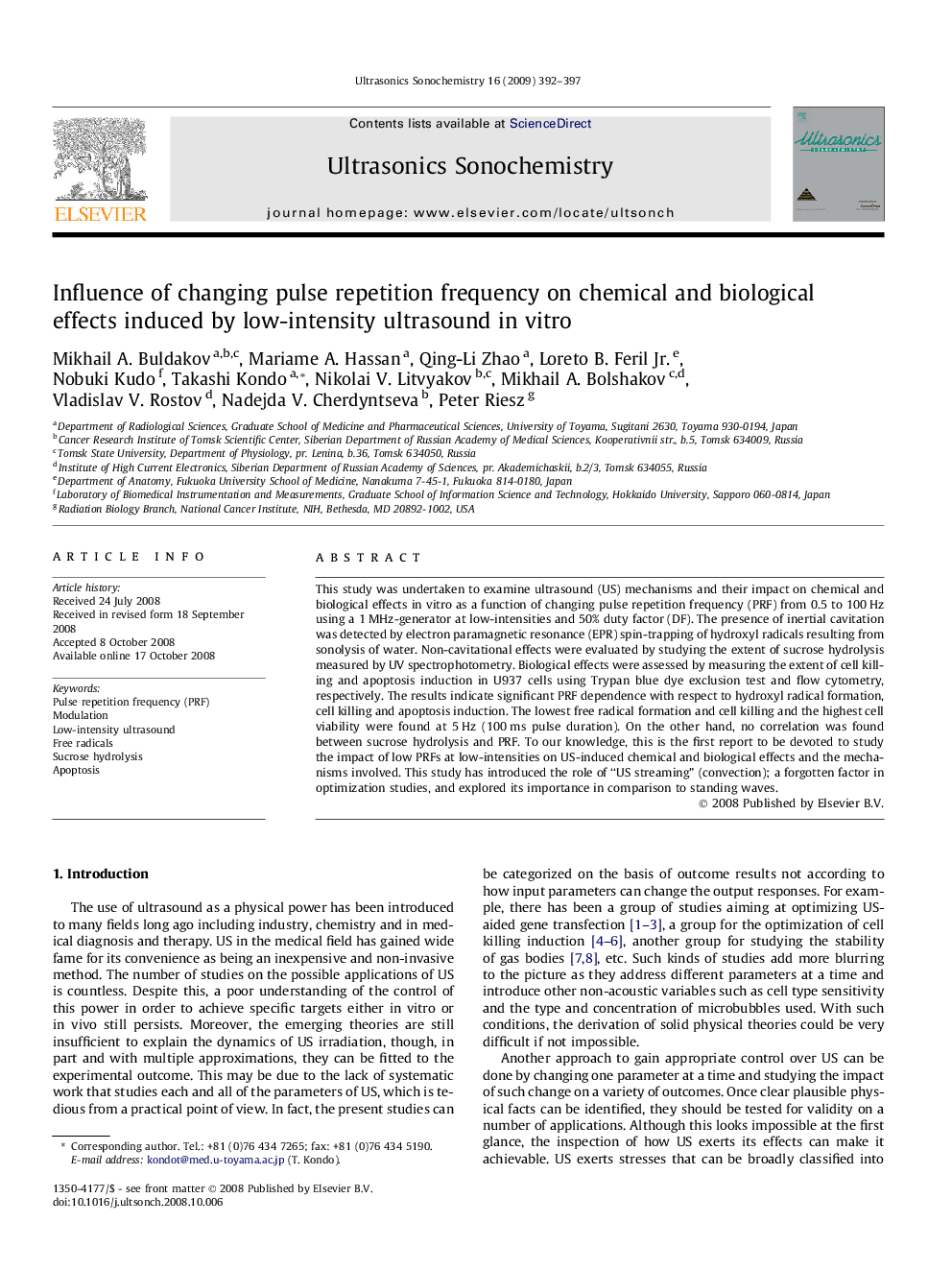 Influence of changing pulse repetition frequency on chemical and biological effects induced by low-intensity ultrasound in vitro