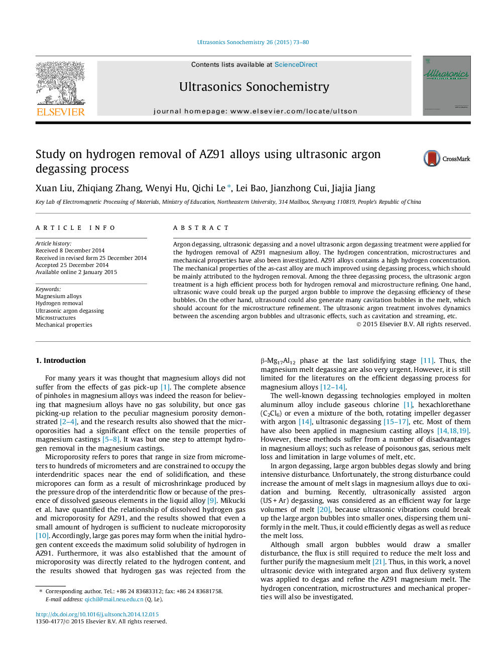 Study on hydrogen removal of AZ91 alloys using ultrasonic argon degassing process