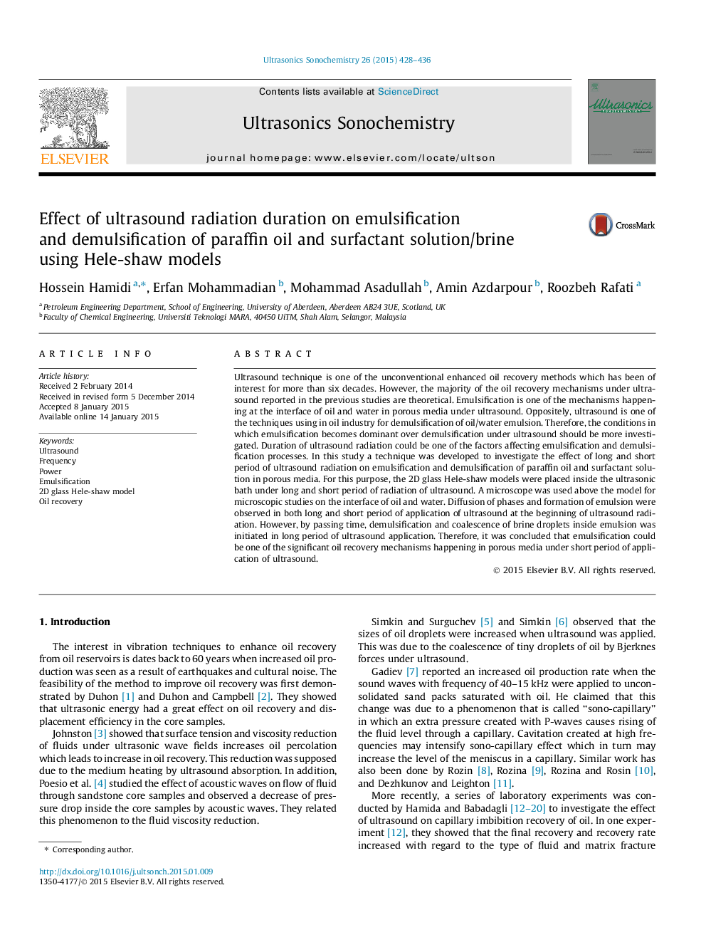 Effect of ultrasound radiation duration on emulsification and demulsification of paraffin oil and surfactant solution/brine using Hele-shaw models