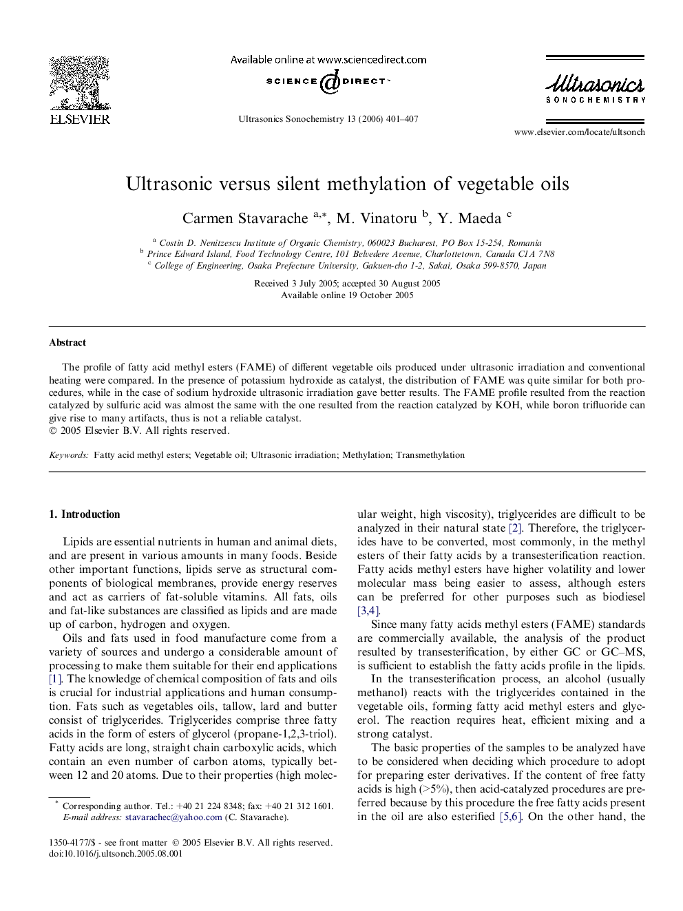 Ultrasonic versus silent methylation of vegetable oils