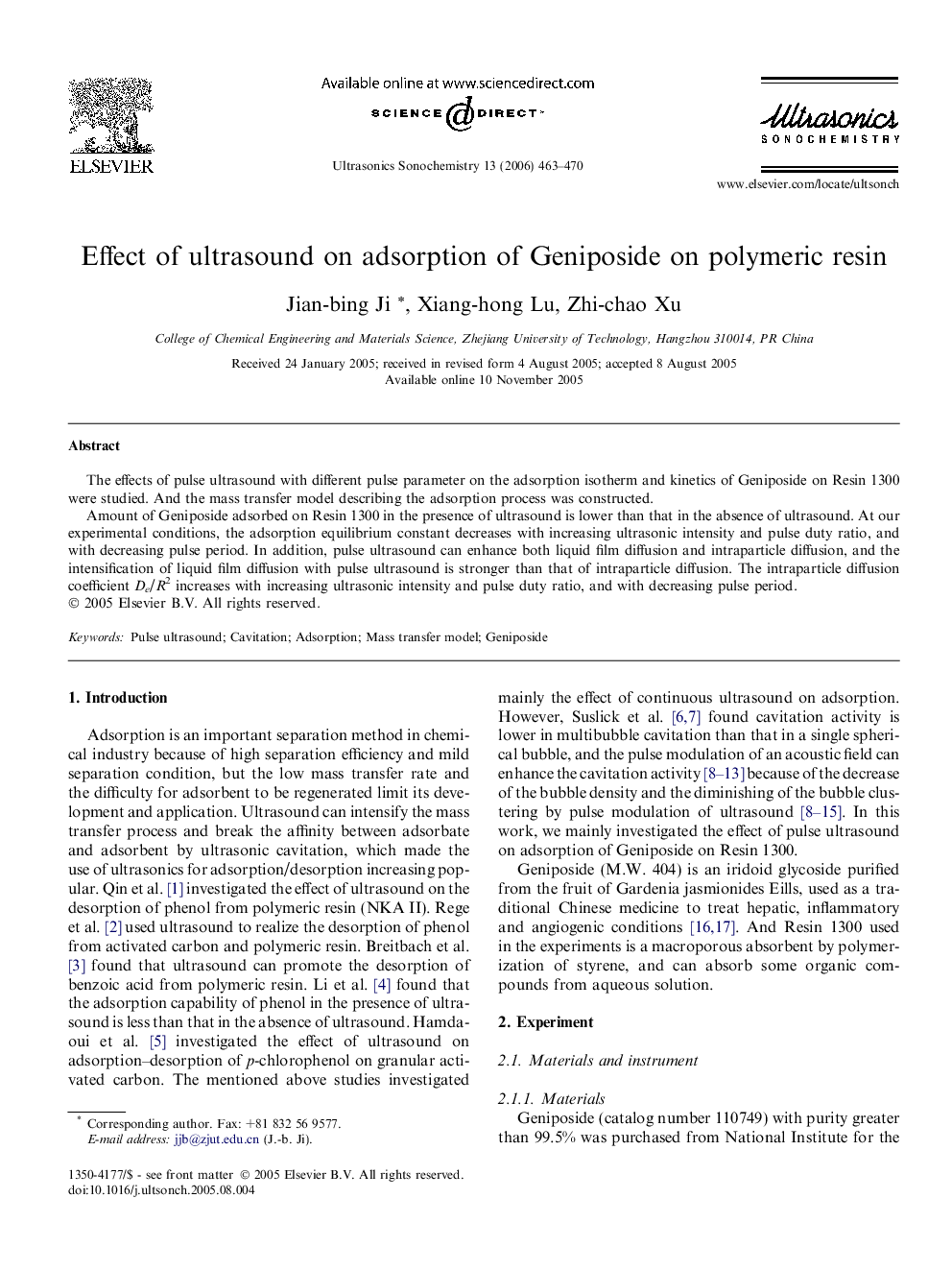 Effect of ultrasound on adsorption of Geniposide on polymeric resin