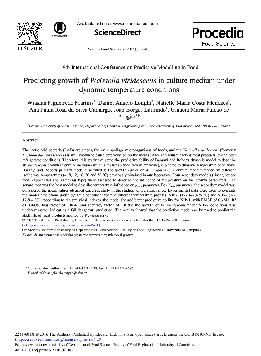 Predicting Growth of Weissella Viridescens in Culture Medium under Dynamic Temperature Conditions 