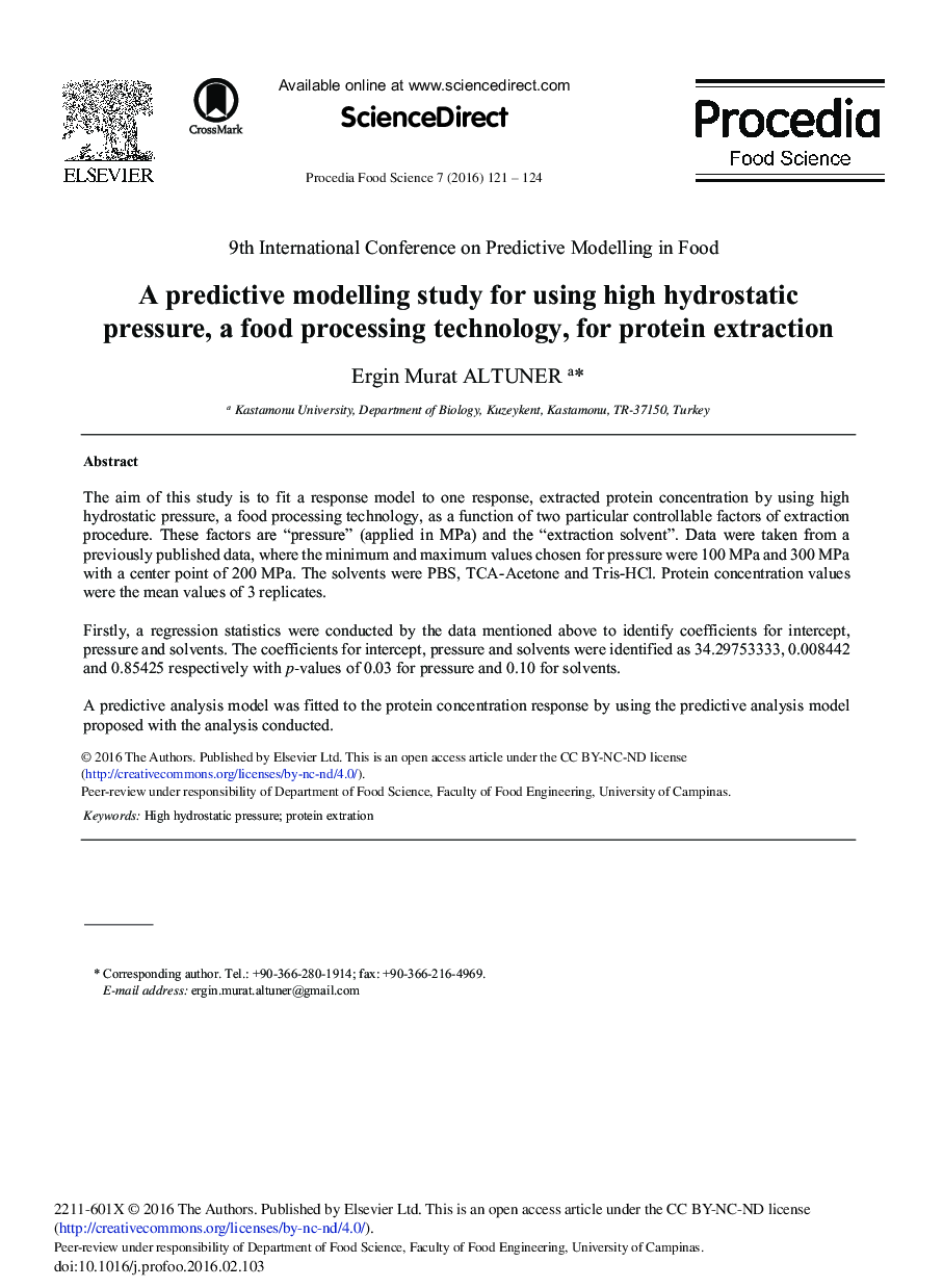 A Predictive Modelling Study for Using High Hydrostatic Pressure, a Food Processing Technology, for Protein Extraction 