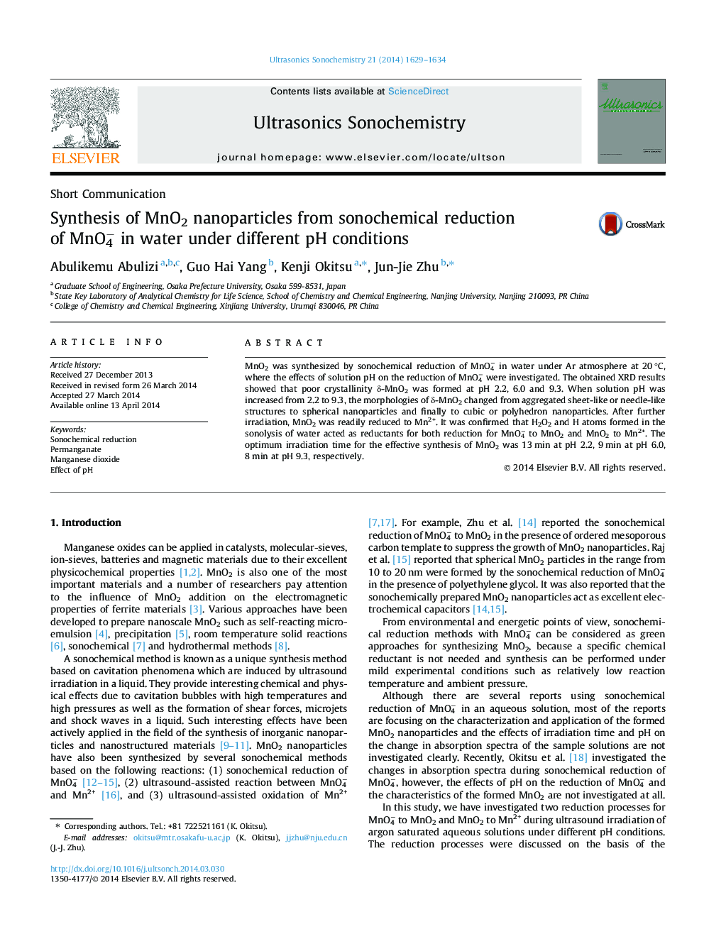 Synthesis of MnO2 nanoparticles from sonochemical reduction of MnO4− in water under different pH conditions