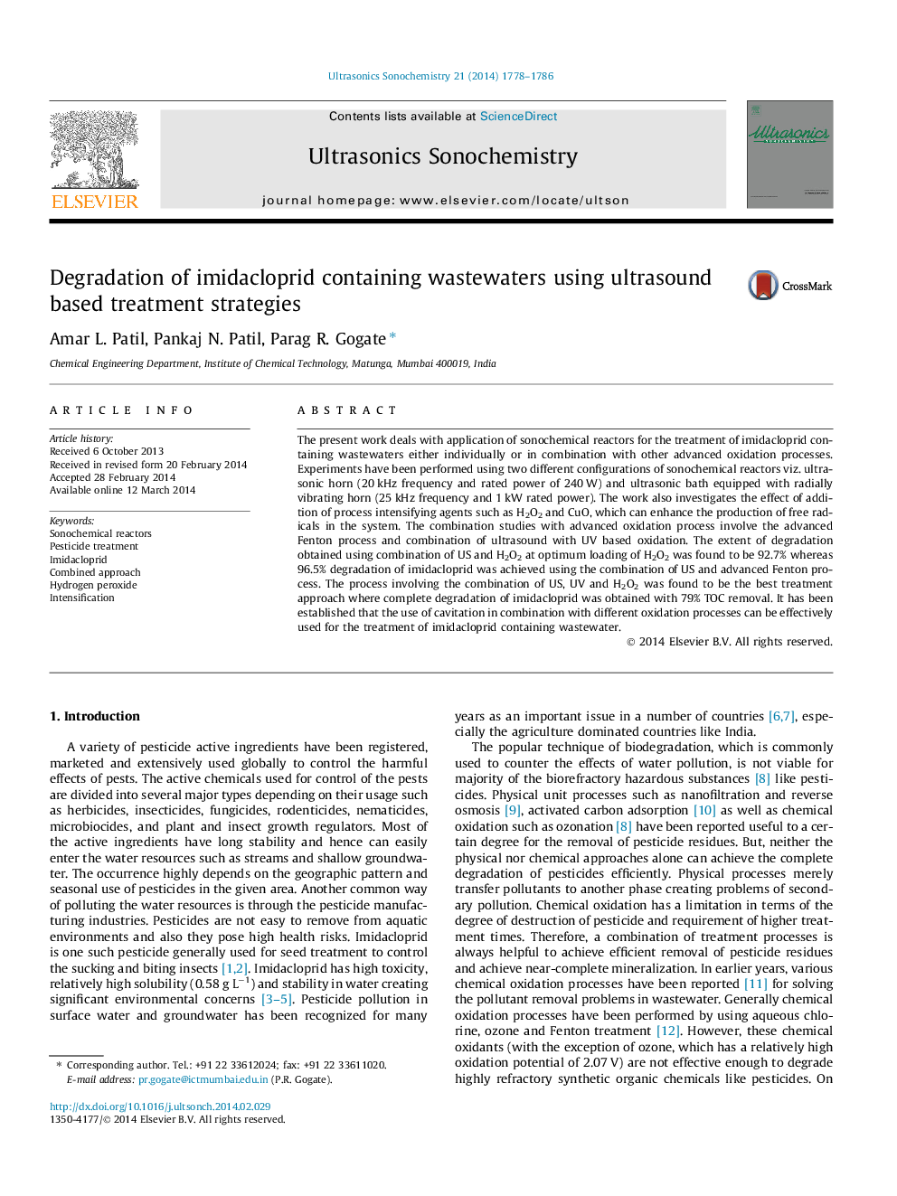 Degradation of imidacloprid containing wastewaters using ultrasound based treatment strategies