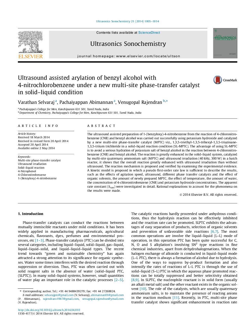 Ultrasound assisted arylation of benzyl alcohol with 4-nitrochlorobenzene under a new multi-site phase-transfer catalyst in solid–liquid condition