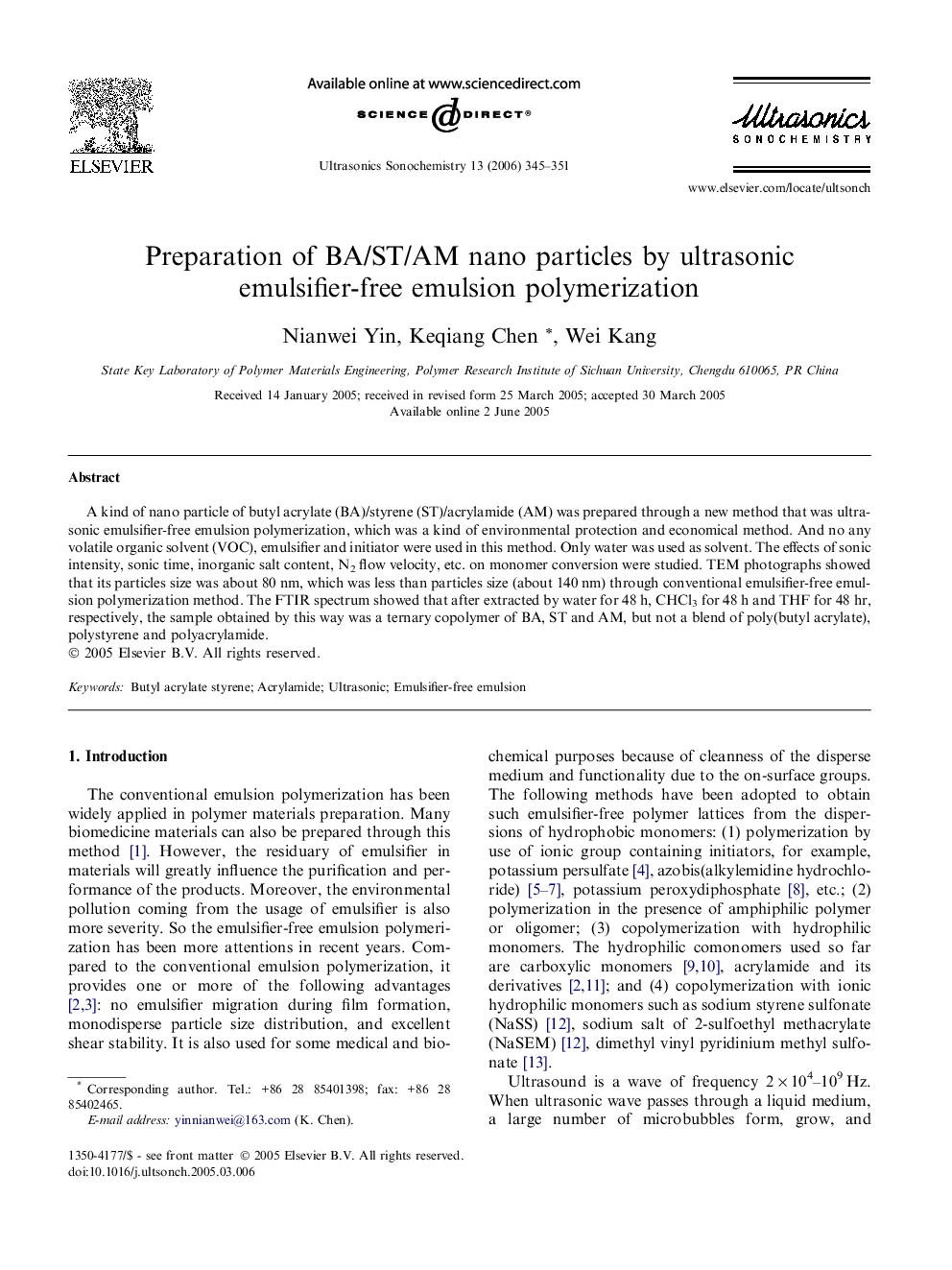 Preparation of BA/ST/AM nano particles by ultrasonic emulsifier-free emulsion polymerization