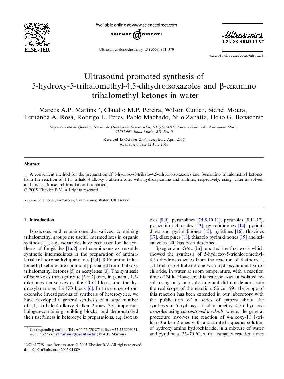 Ultrasound promoted synthesis of 5-hydroxy-5-trihalomethyl-4,5-dihydroisoxazoles and β-enamino trihalomethyl ketones in water