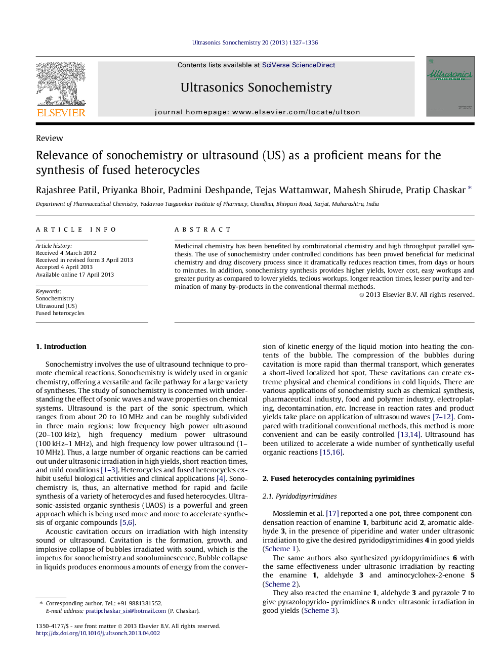 Relevance of sonochemistry or ultrasound (US) as a proficient means for the synthesis of fused heterocycles