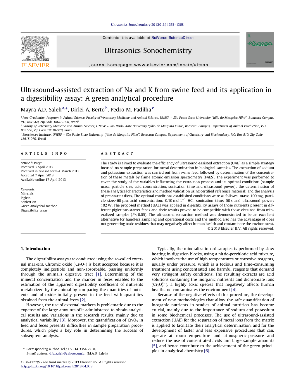 Ultrasound-assisted extraction of Na and K from swine feed and its application in a digestibility assay: A green analytical procedure