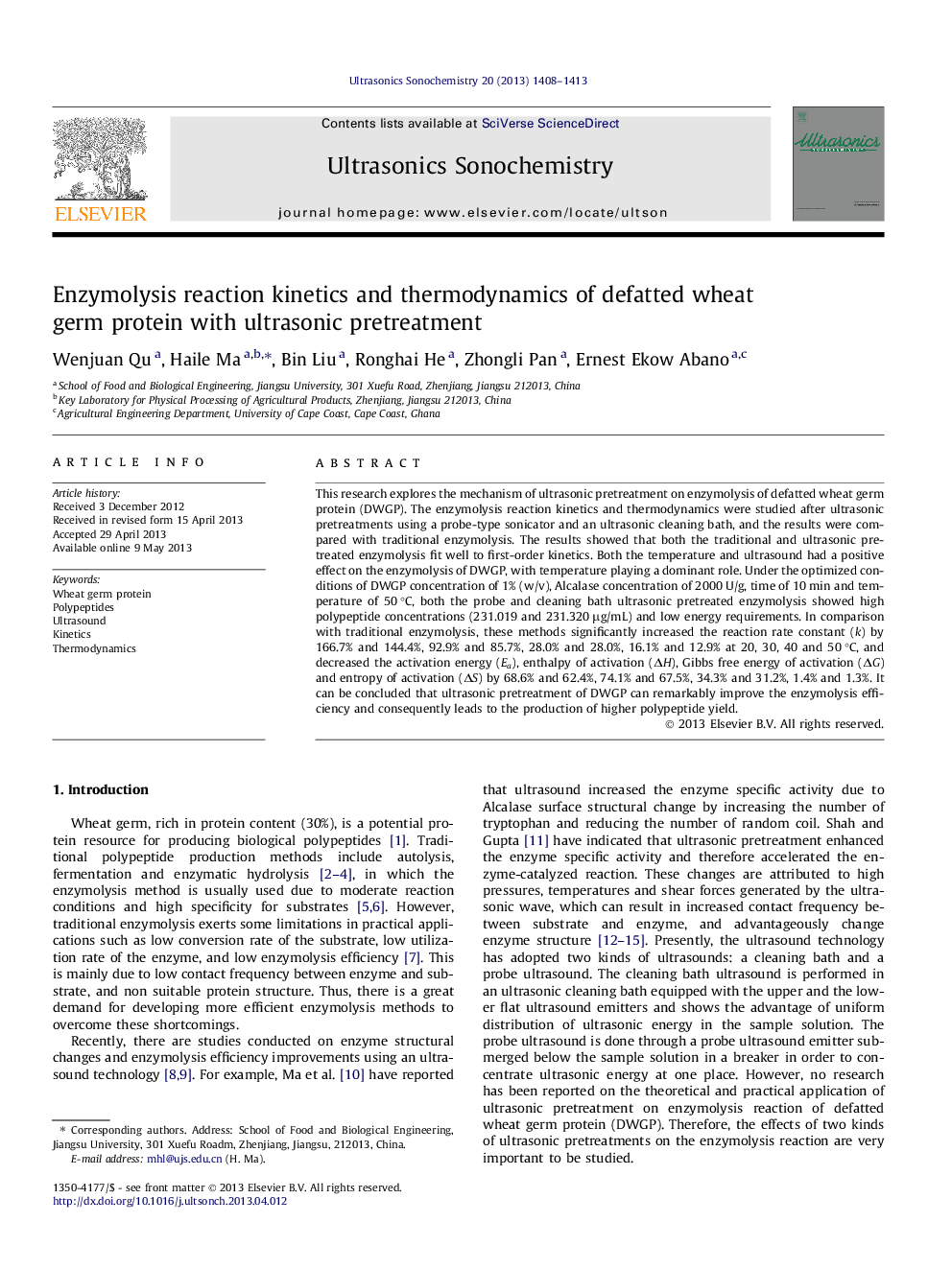 Enzymolysis reaction kinetics and thermodynamics of defatted wheat germ protein with ultrasonic pretreatment