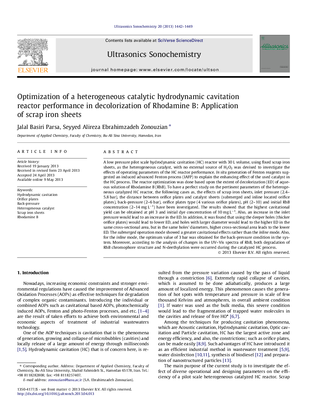 Optimization of a heterogeneous catalytic hydrodynamic cavitation reactor performance in decolorization of Rhodamine B: Application of scrap iron sheets