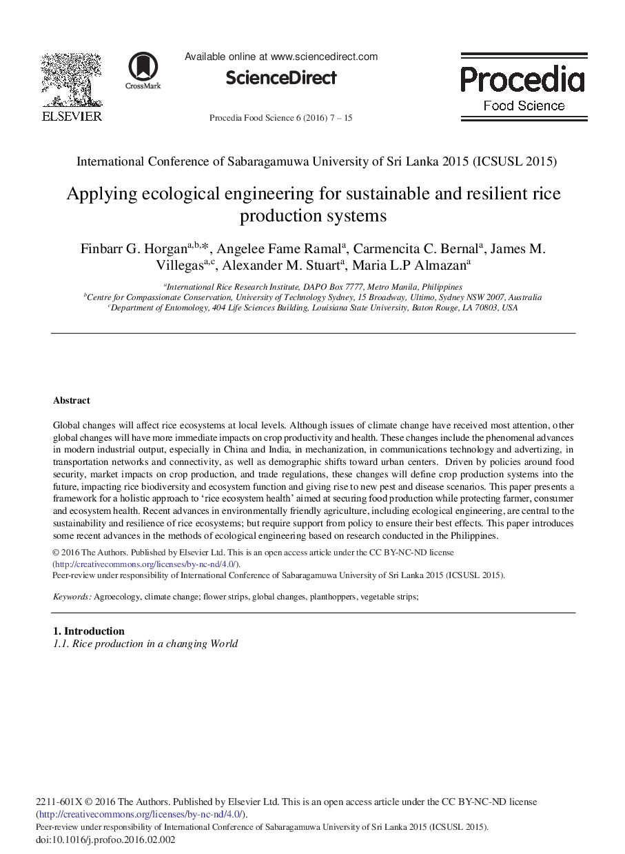 Applying Ecological Engineering for Sustainable and Resilient Rice Production Systems 