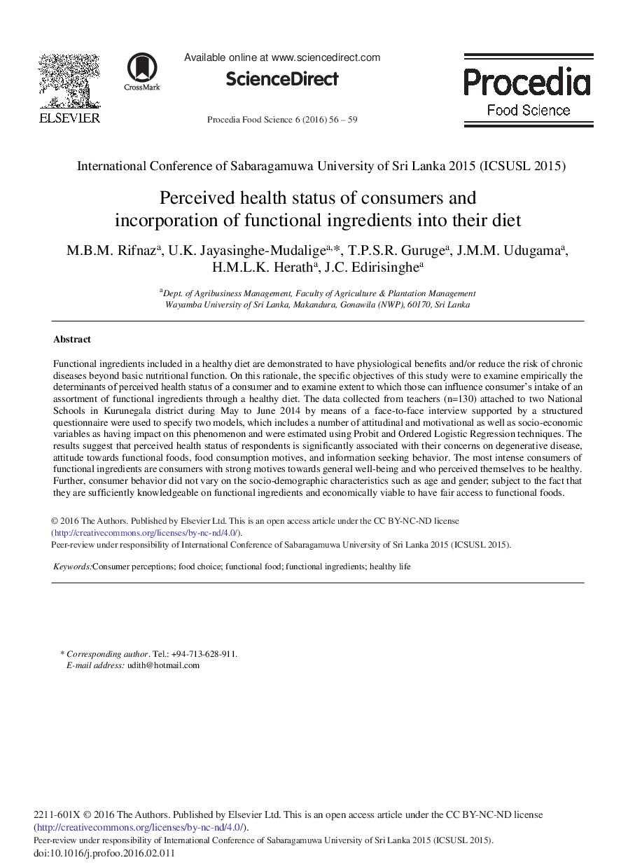 Perceived Health Status of Consumers and Incorporation of Functional Ingredients into their Diet 