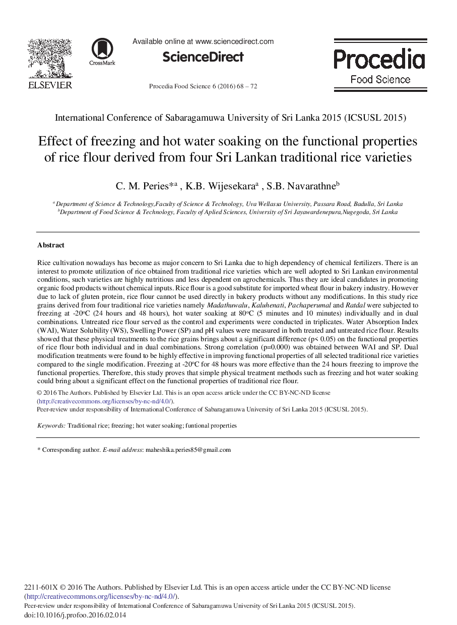 Effect of Freezing and Hot Water Soaking on the Functional Properties of Rice Flour Derived from four Sri Lankan Traditional Rice Varieties 