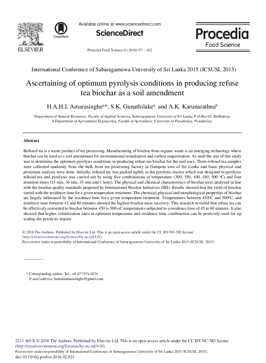 Ascertaining of Optimum Pyrolysis Conditions in Producing Refuse Tea Biochar as a Soil Amendment 