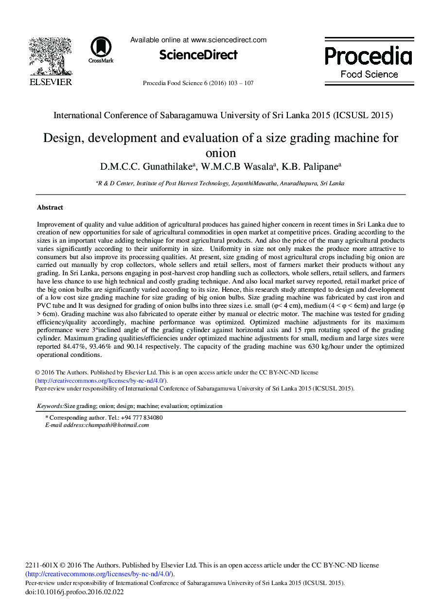 Design, Development and Evaluation of a Size Grading Machine for Onion 