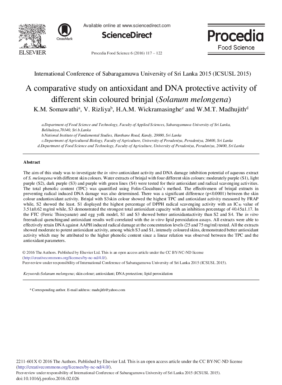 A Comparative Study on Antioxidant and DNA Protective Activity of Different Skin Coloured Brinjal (Solanum Melongena) 