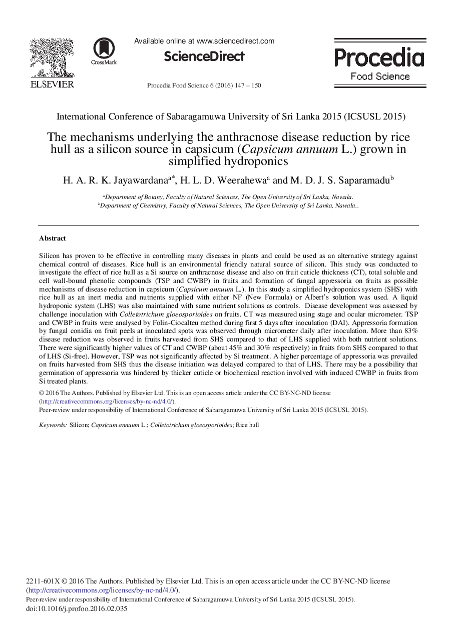 The Mechanisms Underlying the Anthracnose Disease Reduction by Rice Hull as a Silicon Source in Capsicum (Capsicum Annuum L.) Grown in Simplified Hydroponics 