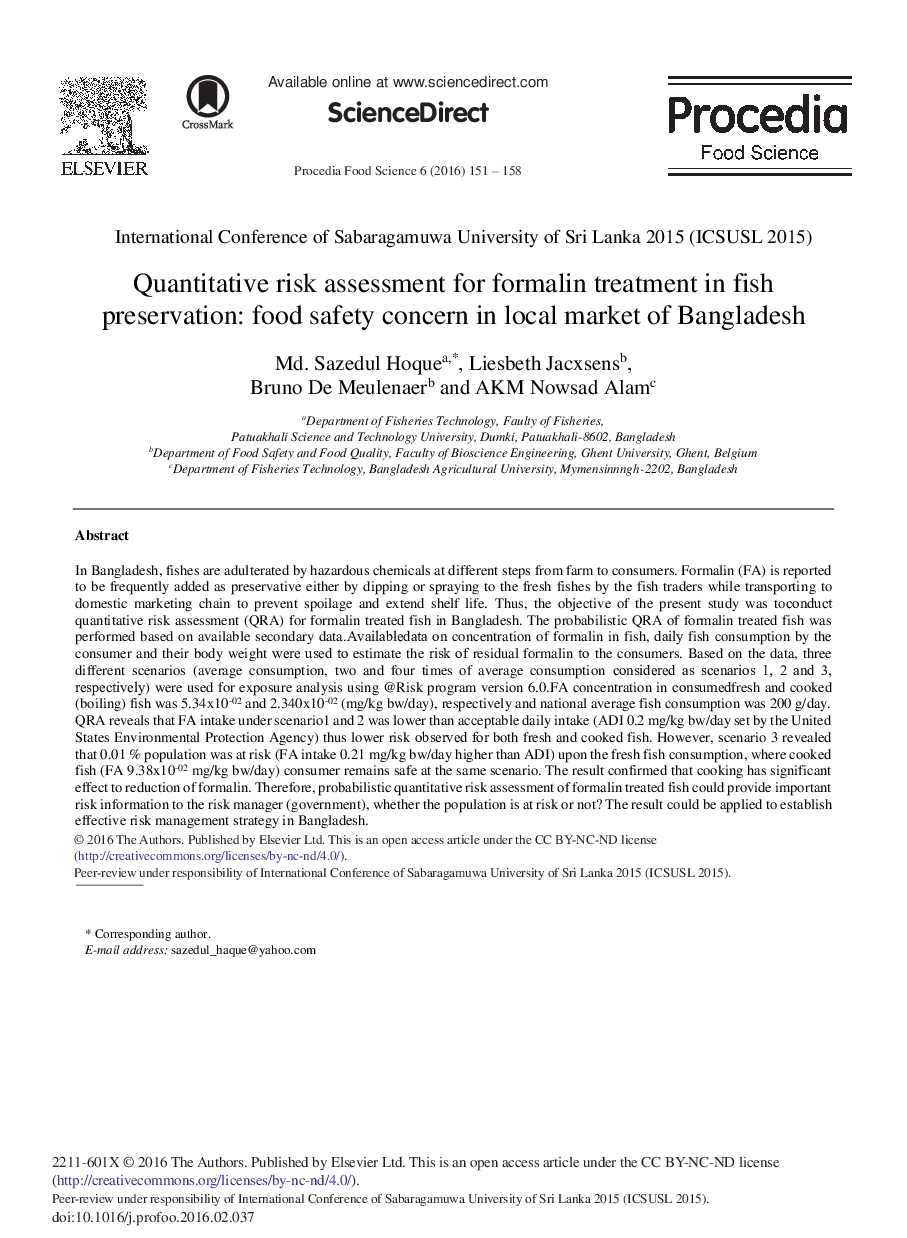 Quantitative Risk Assessment for Formalin Treatment in Fish Preservation: Food Safety Concern in Local Market of Bangladesh 