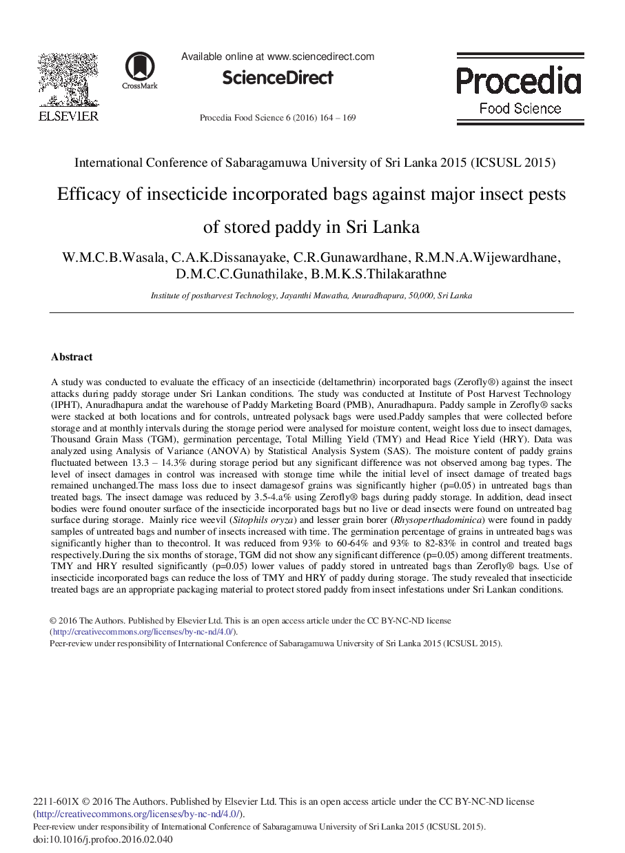 Efficacy of Insecticide Incorporated Bags against Major Insect Pests of Stored Paddy in Sri Lanka 