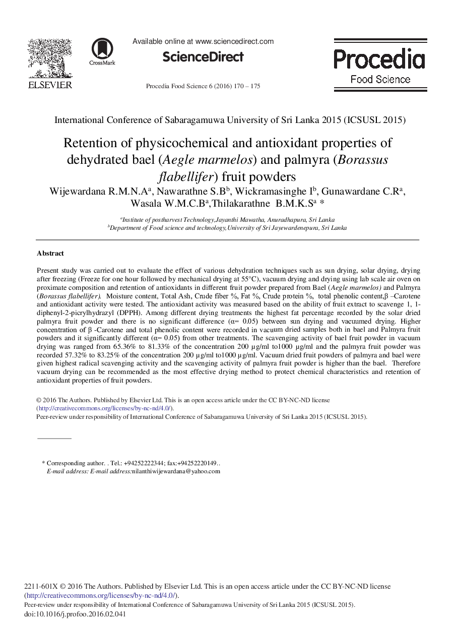 Retention of Physicochemical and Antioxidant Properties of Dehydrated Bael (Aegle Marmelos) and Palmyra (Borassus Flabellifer) Fruit Powders 