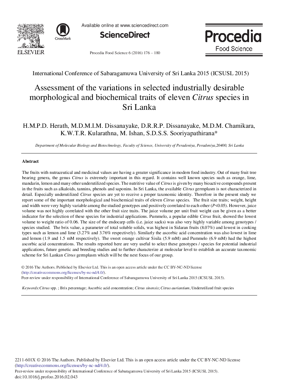 Assessment of the Variations in Selected Industrially Desirable Morphological and Biochemical Traits of Eleven Citrus Species in Sri Lanka 