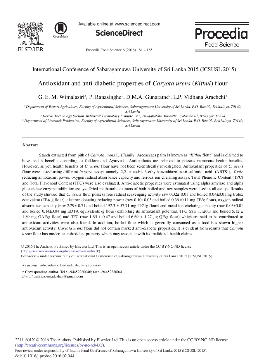 Antioxidant and Anti-diabetic Properties of Caryota Urens (Kithul) Flour 