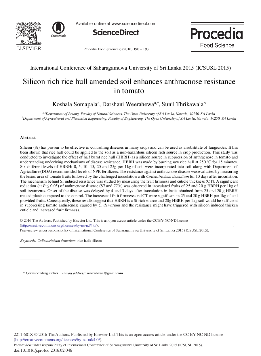 Silicon Rich Rice Hull Amended Soil Enhances Anthracnose Resistance in Tomato 