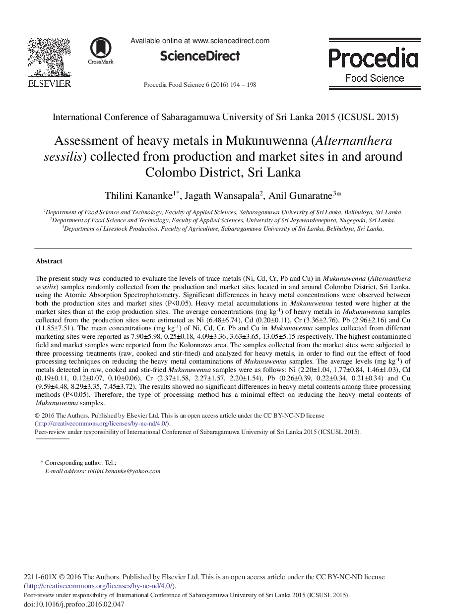 Assessment of Heavy Metals in Mukunuwenna (Alternanthera Sessilis) Collected from Production and Market Sites in and Around Colombo District, Sri Lanka 