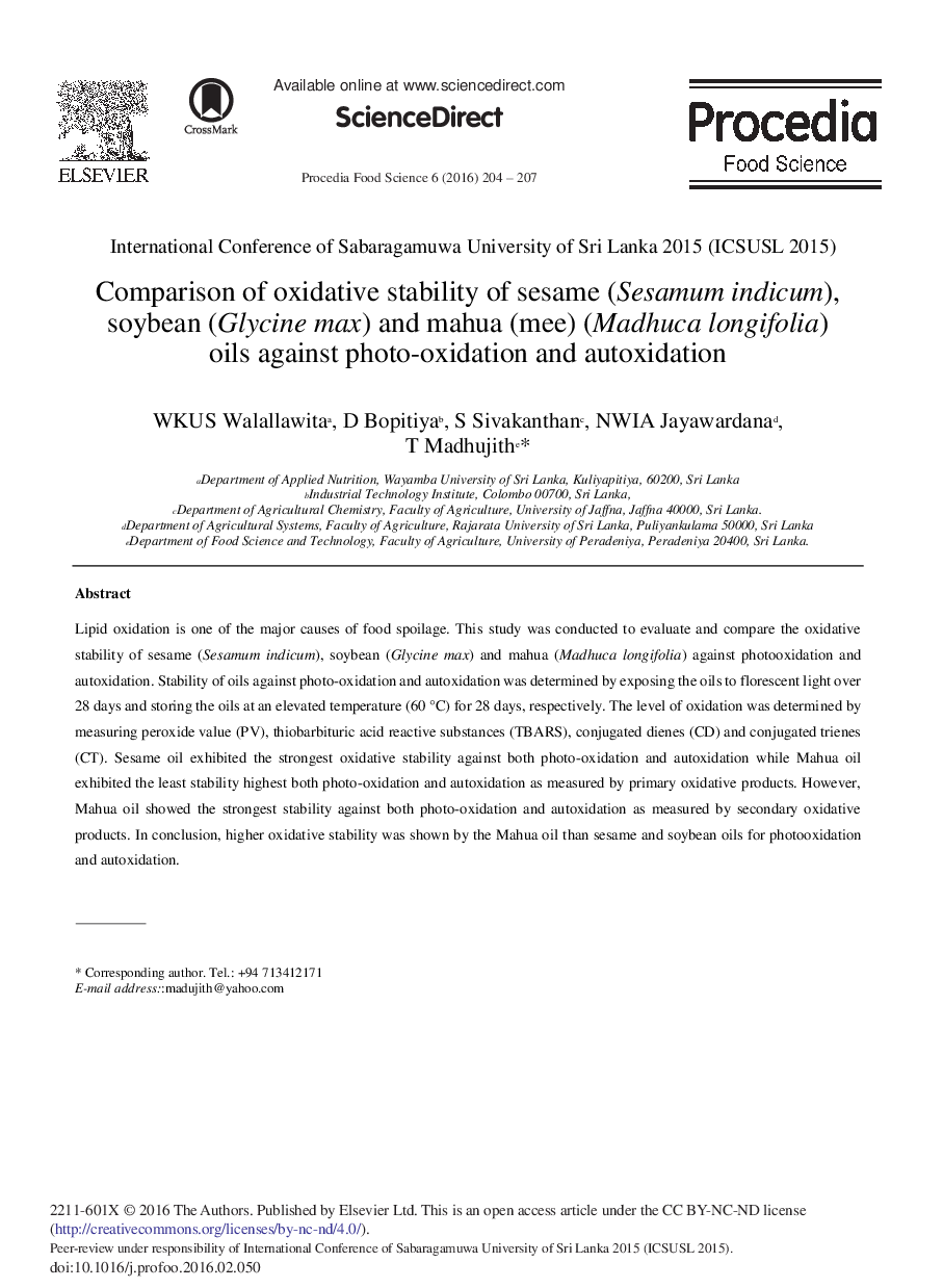 Comparison of Oxidative Stability of Sesame (Sesamum Indicum), Soybean (Glycine Max) and Mahua (Mee) (Madhuca Longifolia) Oils Against Photo-Oxidation and Autoxidation 