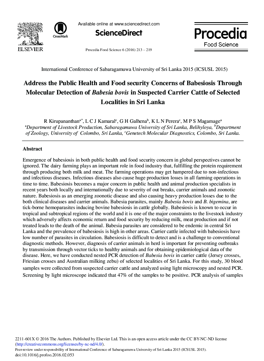 Address the Public Health and Food Security Concerns of Babesiosis Through Molecular Detection of Babesia Bovis in Suspected Carrier Cattle of Selected Localities in Sri Lanka 