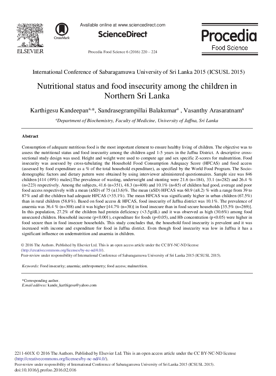 Nutritional Status and Food Insecurity among the Children in Northern Sri Lanka 