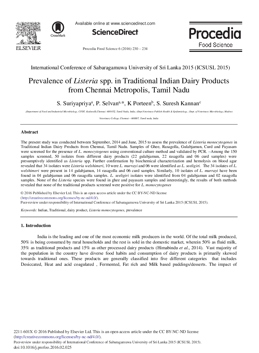 Prevalence of Listeria spp. in Traditional Indian Dairy Products from Chennai Metropolis, Tamil Nadu 